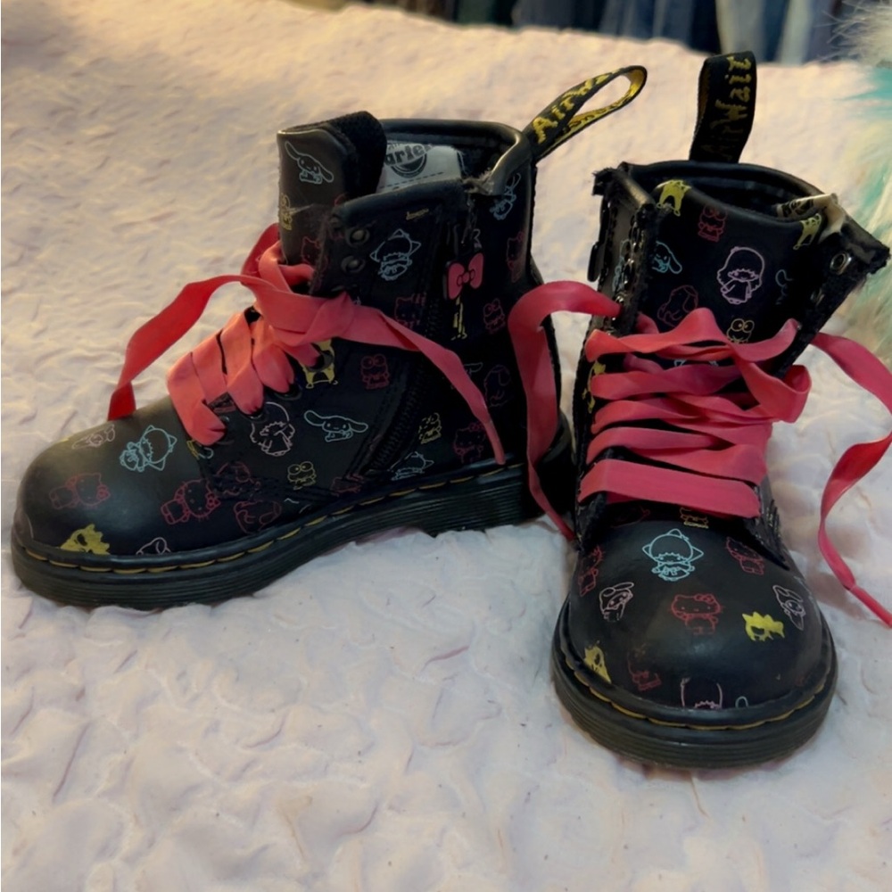 Dr. Martens Kids Black Boots with Pink Laces and Colorful Prints